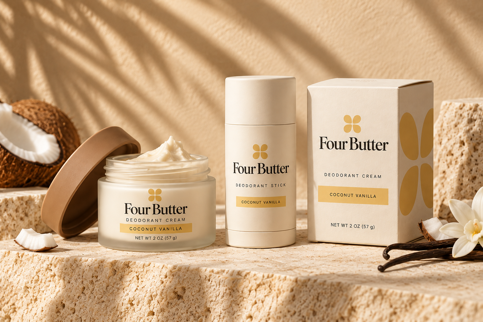 Four Butter Coconut Vanilla cream and stick in warm sunlight on natural stone
